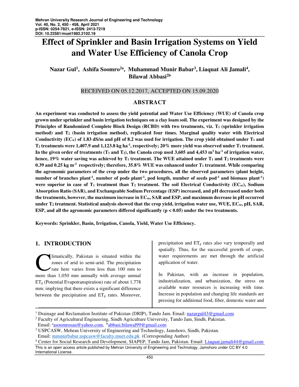 Effect of Sprinkler and Basin Irrigation Systems on Yield and Water Use Efficiency of Canola Crop