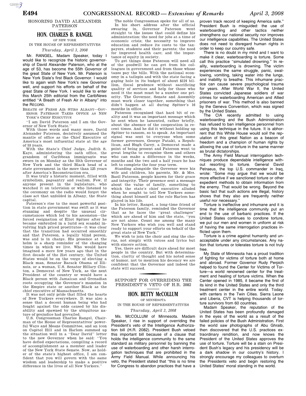 CONGRESSIONAL RECORD— Extensions of Remarks E494 HON. CHARLES B. RANGEL HON. BETTY Mccollum