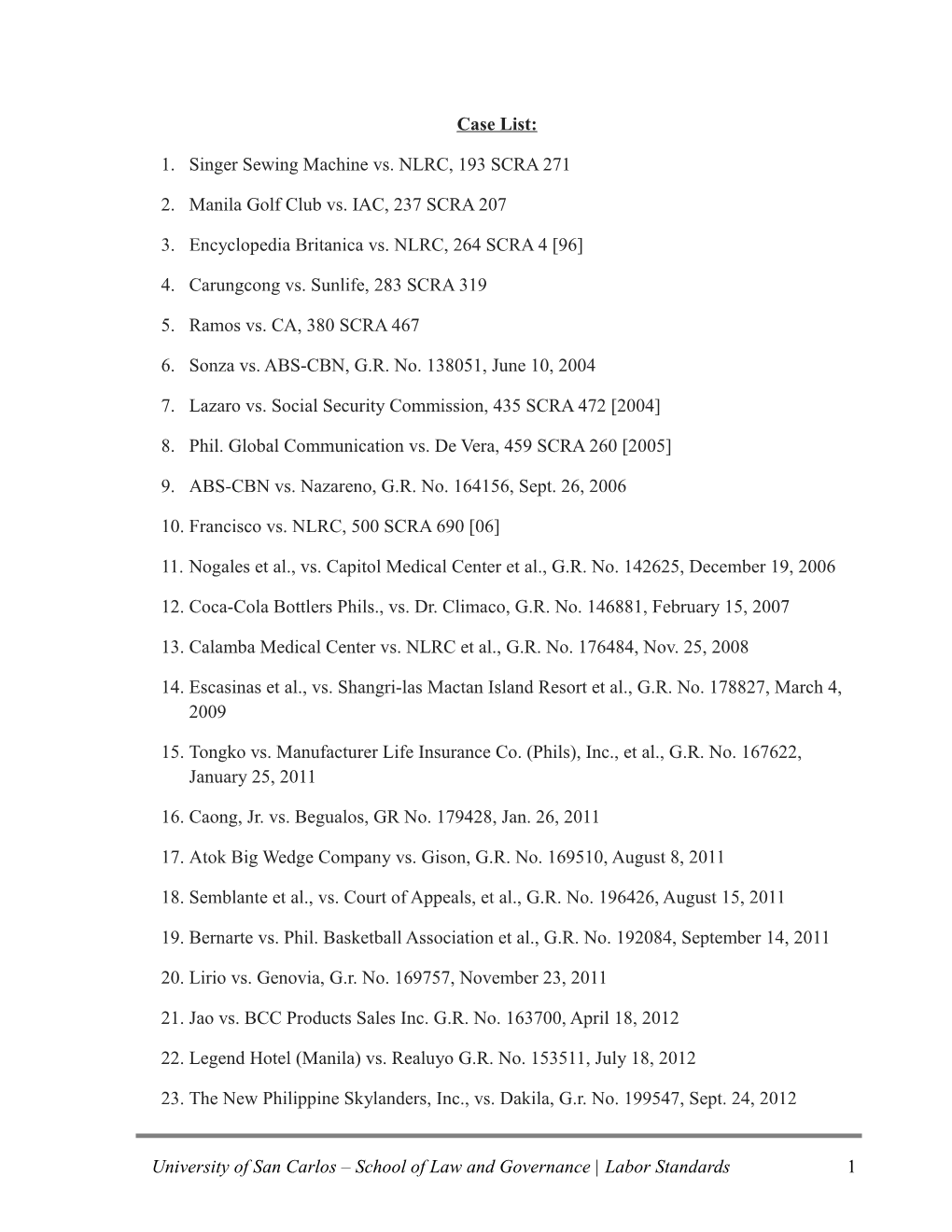 Case List: 1. Singer Sewing Machine Vs. NLRC, 193 SCRA 271 2. Manila Golf Club Vs. IAC, 237 SCRA 207 3. Encyclopedia Britanica V