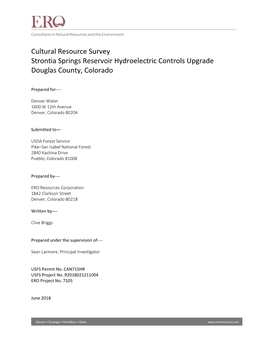 Cultural Resource Survey Strontia Springs Reservoir Hydroelectric Controls Upgrade Douglas County, Colorado