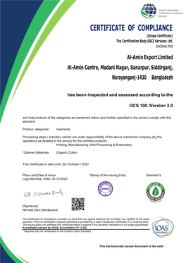 CERTIFICATE of COMPLIANCE (Scope Certificate) the Certification Body GSCI Services Ltd