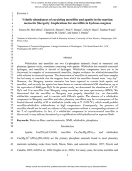 Volatile Abundances of Coexisting Merrillite and Apatite in the Martian 4 Meteorite Shergotty: Implications for Merrillite in Hydrous Magmas 5 6 Francis M