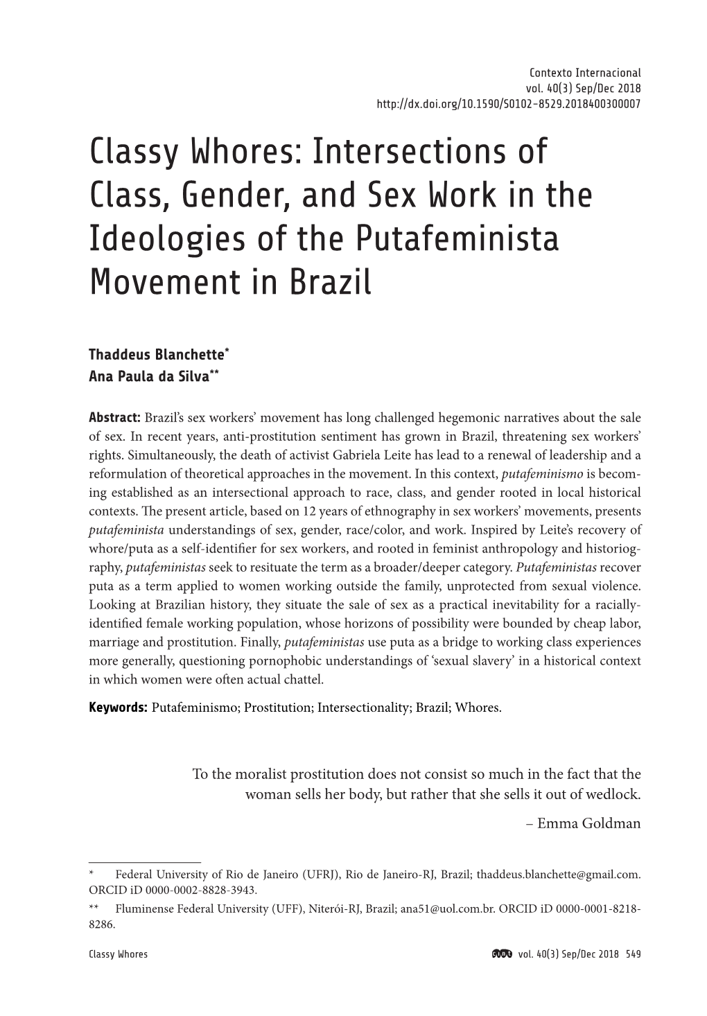 Classy Whores: Intersections of Class, Gender, and Sex Work in the Blanchette & Silva Ideologies of the Putafeminista Movement in Brazil