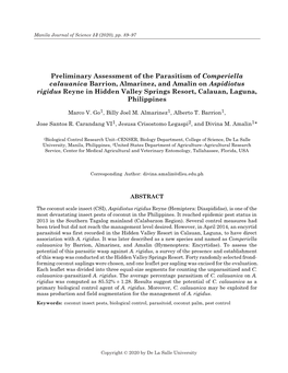 Preliminary Assessment of the Parasitism of Comperiella