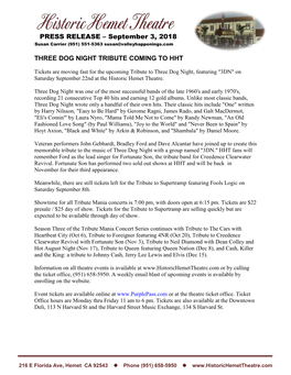 Three Dog Night Tribute Coming to Hht