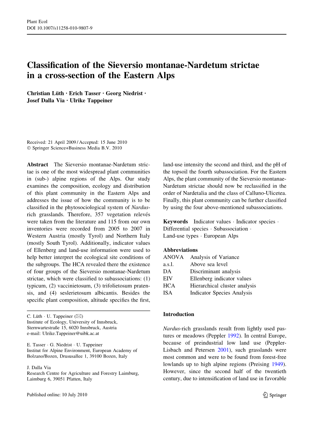 Classification of the Sieversio Montanae-Nardetum Strictae in A