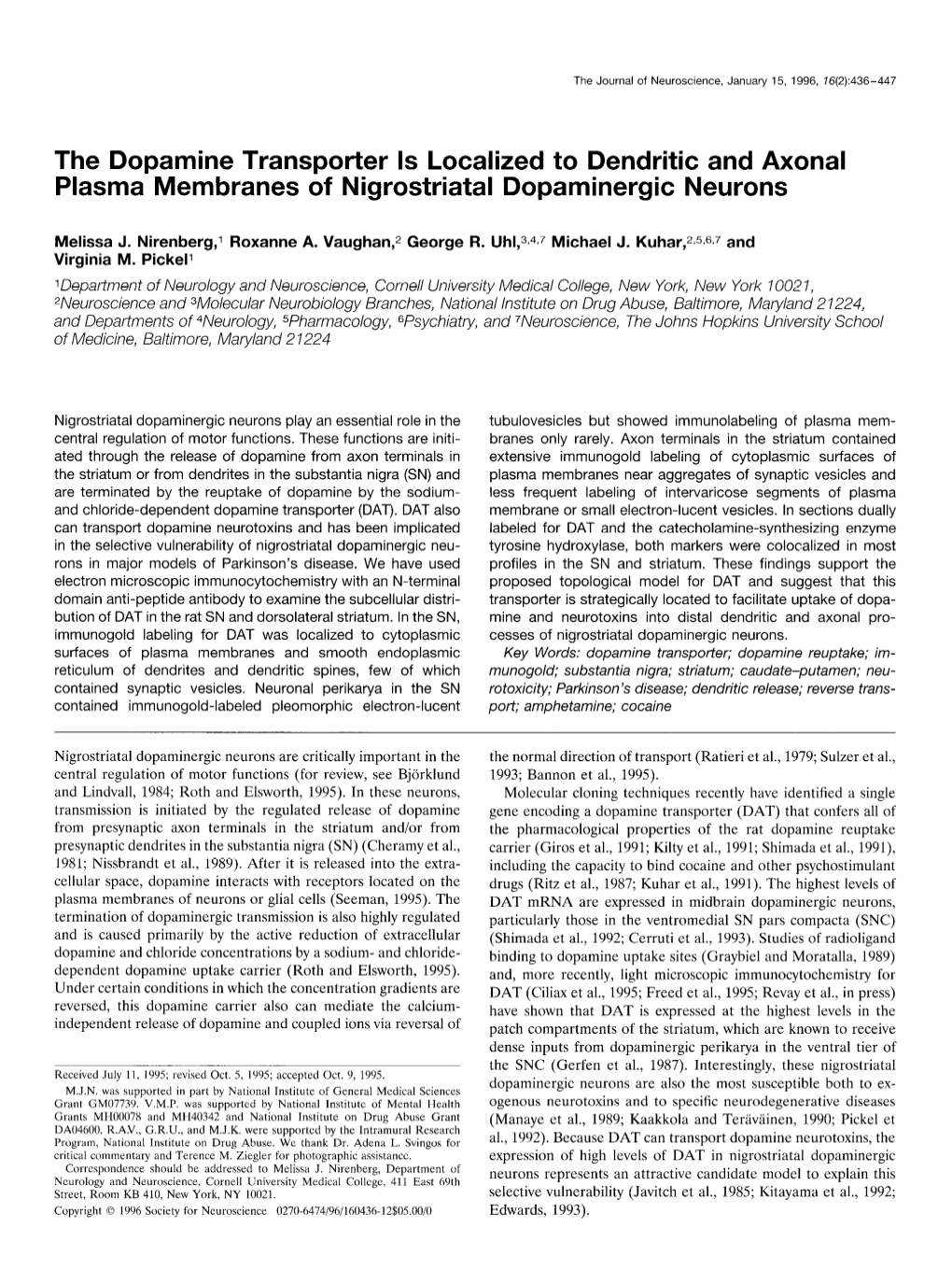 The Dopamine Transporter Is Localized to Dendritic and Axonal Plasma Membranes of Nigrostriatal Dopaminergic Neurons