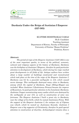Dardania Under the Reign of Justinian I Emperor (527-565)