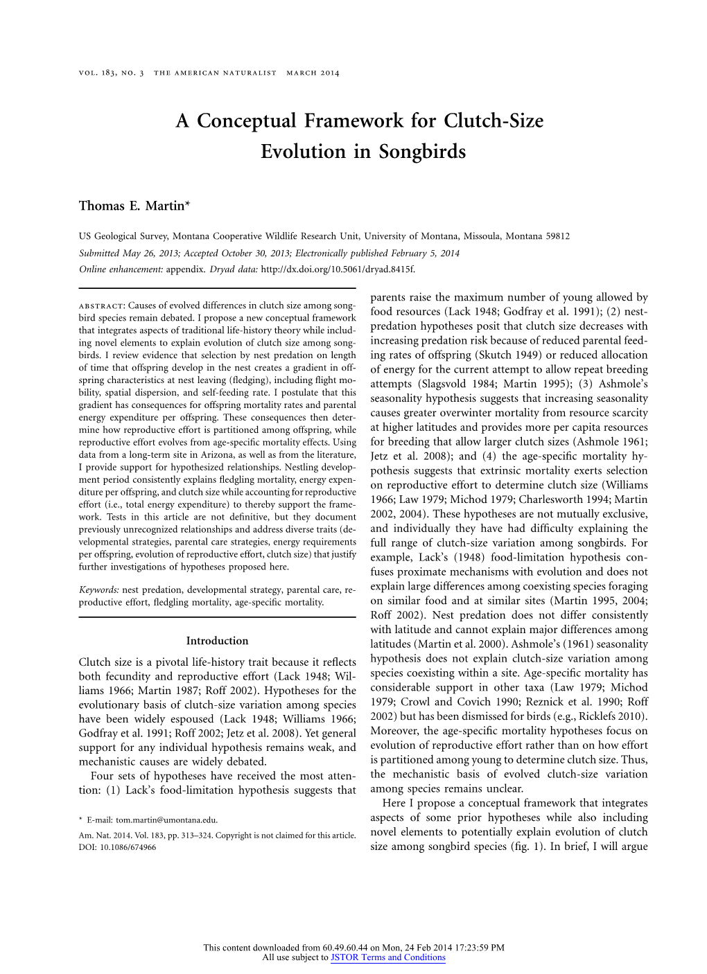 A Conceptual Framework for Clutch-Size Evolution in Songbirds