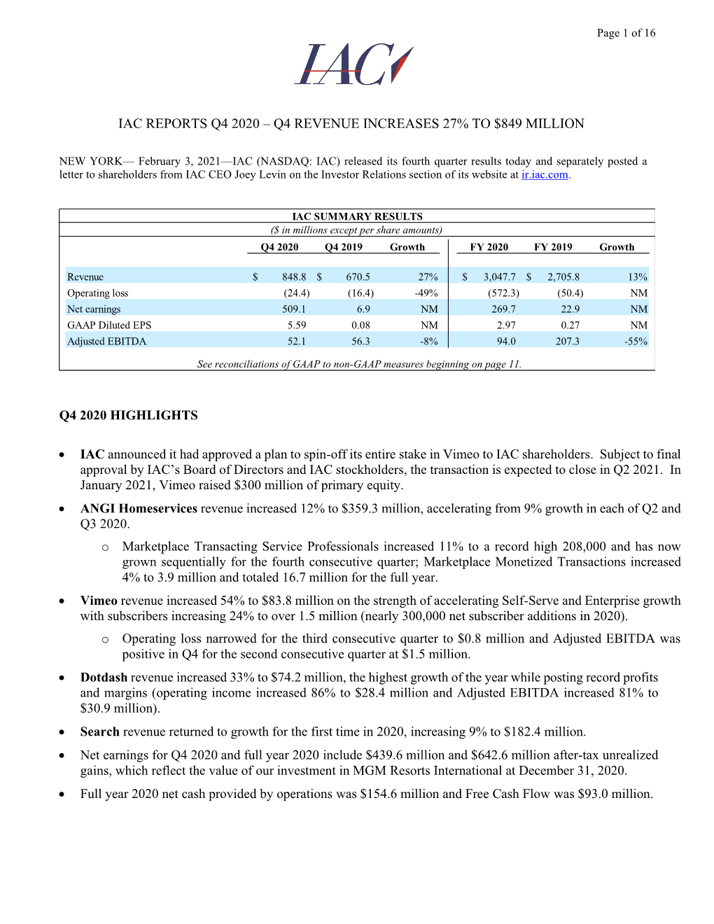 Iac Reports Q4 2020 – Q4 Revenue Increases 27% to $849 Million