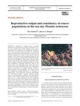 Reproductive Output and Consistency of Source Populations in the Sea Star Pisaster Ochraceus