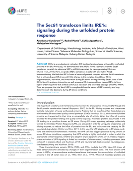 The Sec61 Translocon Limits Ire1a Signaling During the Unfolded Protein Response Arunkumar Sundaram1,2†, Rachel Plumb1†, Suhila Appathurai1, Malaiyalam Mariappan1*