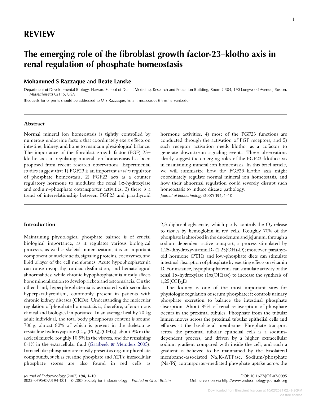 REVIEW the Emerging Role of the Fibroblast Growth Factor-23–Klotho