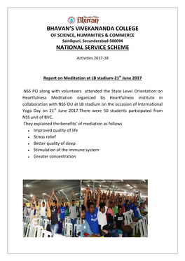 BHAVAN's VIVEKANANDA COLLEGEOF SCIENCE, HUMANITIES & Commercesainikpuri, Secunderabad-500094NATIONAL SERVICE SCHEME Report