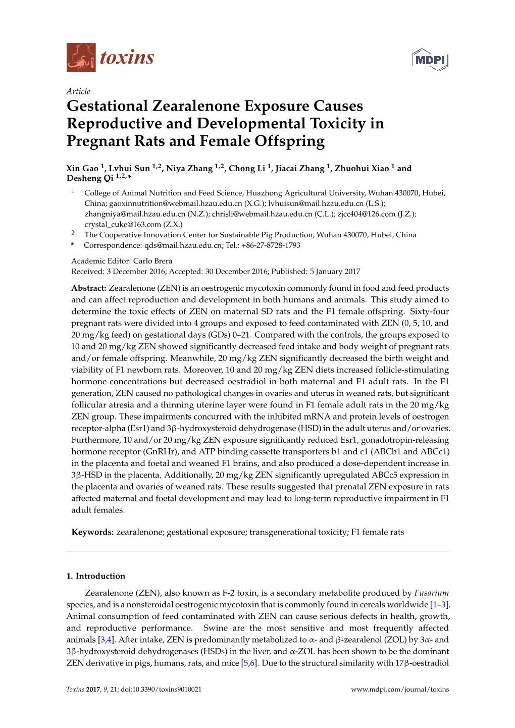 Gestational Zearalenone Exposure Causes Reproductive and Developmental Toxicity in Pregnant Rats and Female Offspring