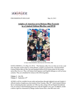 Aniplex of America Set to Release Blue Exorcist in a Limited Edition Blu-Ray and DVD