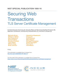 NIST SP 1800-16B: Securing Web Transactions: TLS Server Certificate Management I