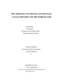 The Theology of the Balaam Oracles: a Pagan Diviner and the Word of God