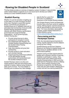 Rowing for Disabled People in Scotland This Fact Sheet Provides an Overview of Adaptive Rowing in Scotland