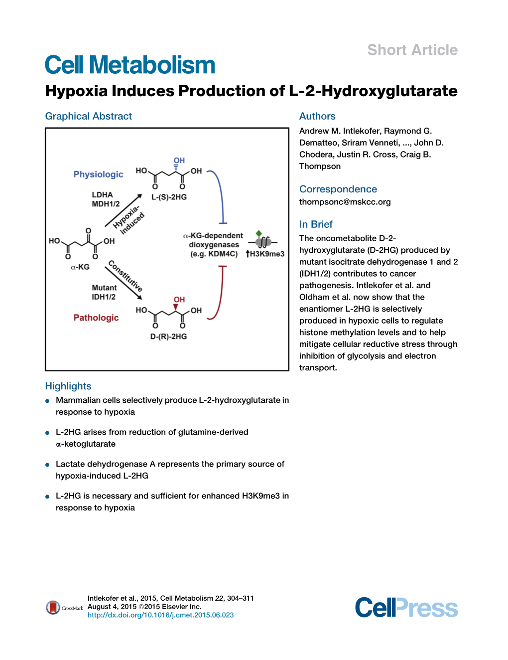 Hypoxia Induces Production of L-2-Hydroxyglutarate