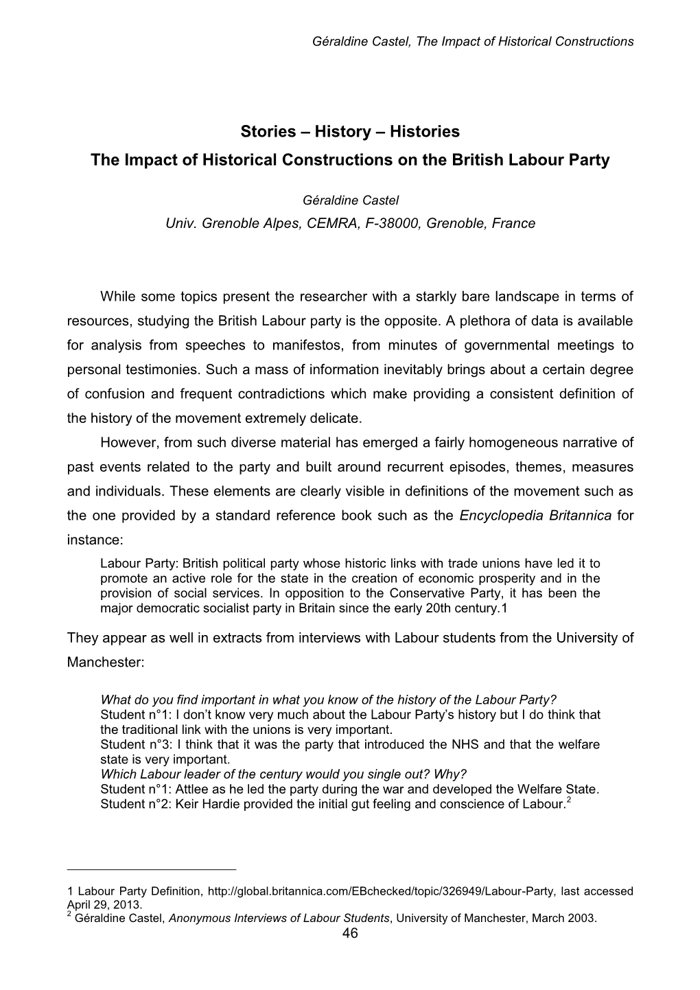 Histories the Impact of Historical Constructions on the British Labour Party