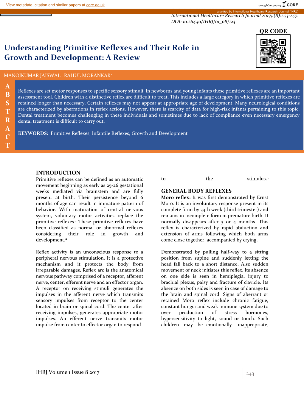 Understanding Primitive Reflexes and Their Role in Growth and Development: a Review