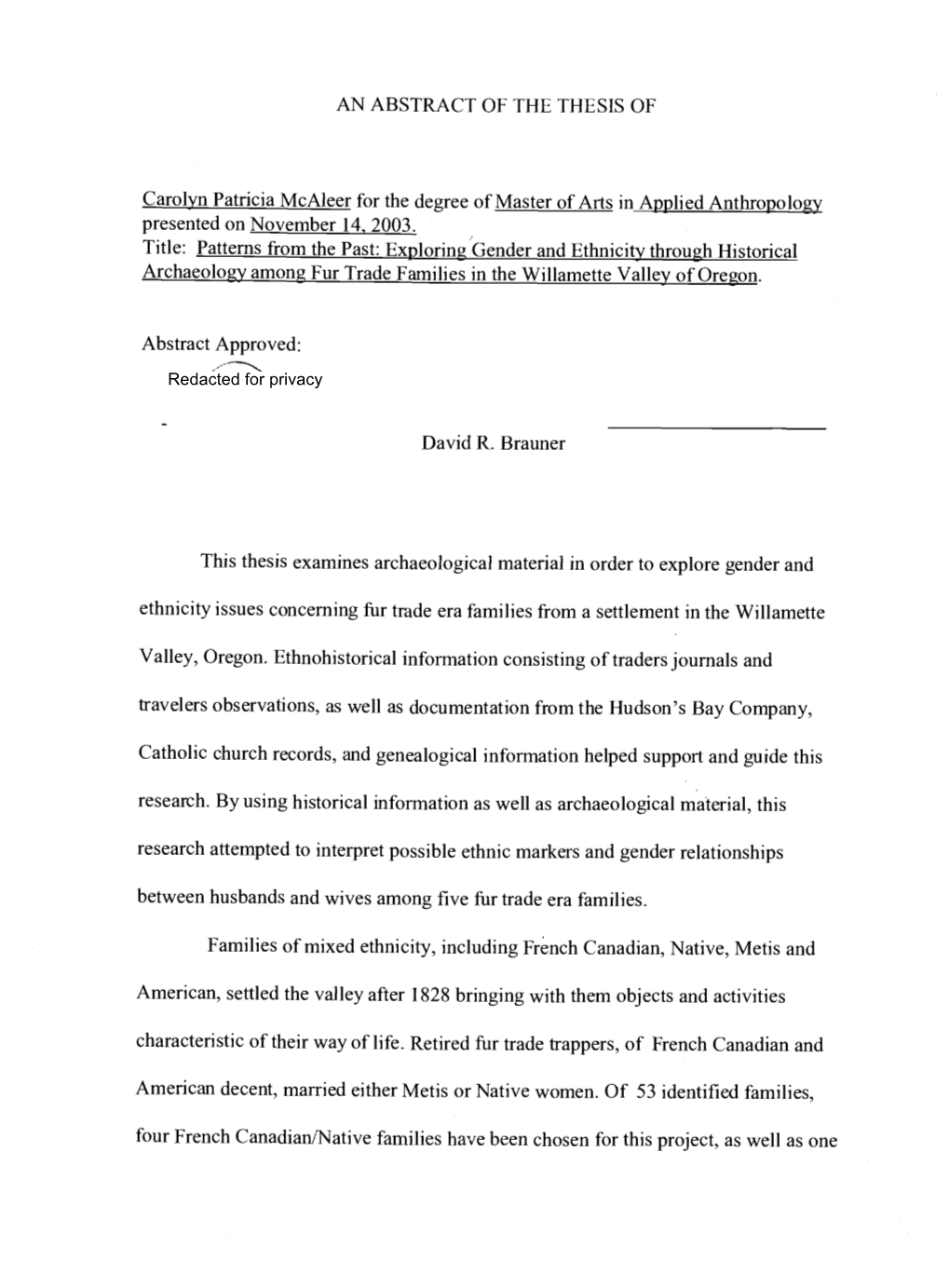 Carolyn Patricia Mcaleer for the Degree of Master of Arts in Applied Anthropology Presented on November 14, 2003