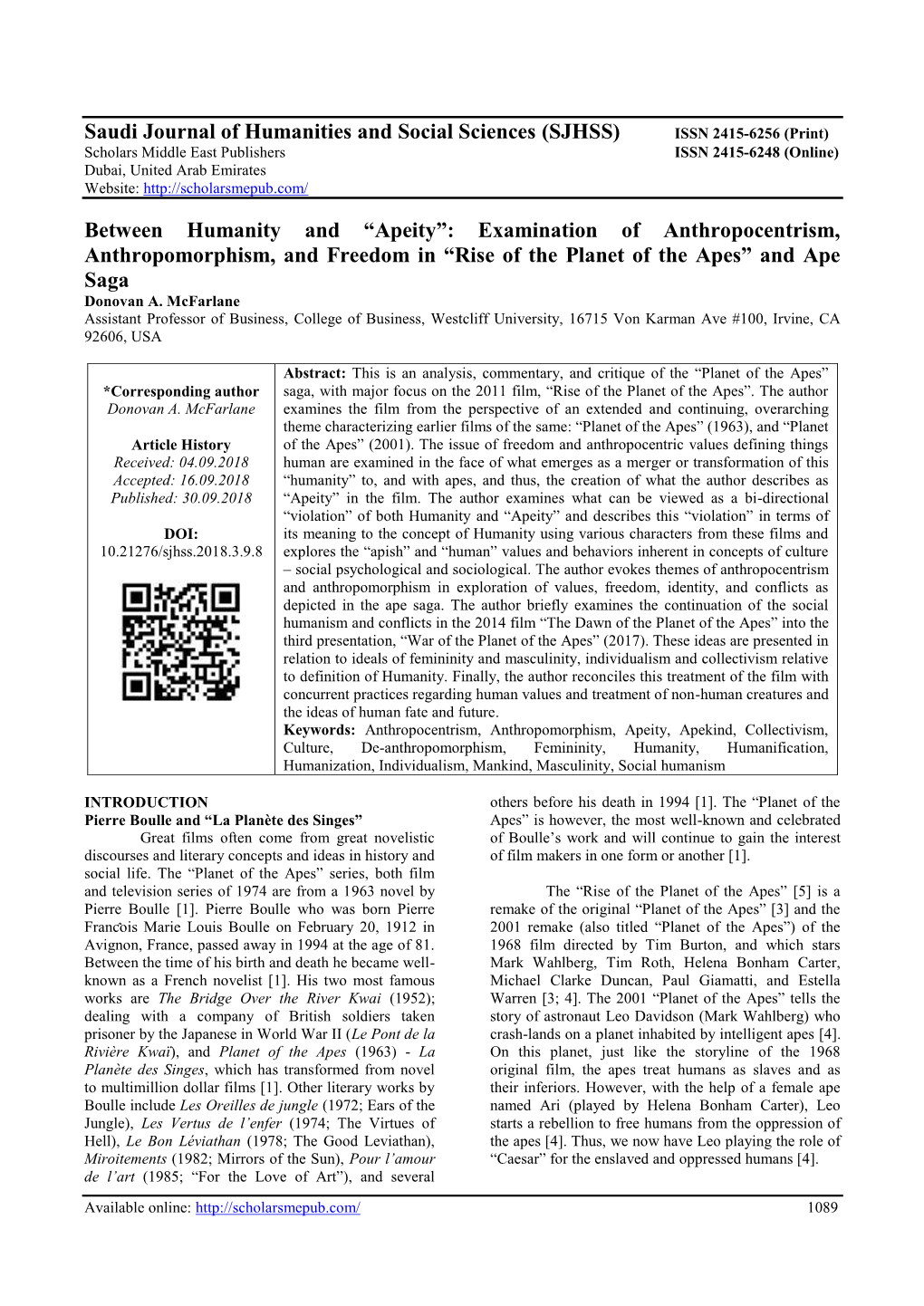 SJHSS) ISSN 2415-6256 (Print) Scholars Middle East Publishers ISSN 2415-6248 (Online) Dubai, United Arab Emirates Website