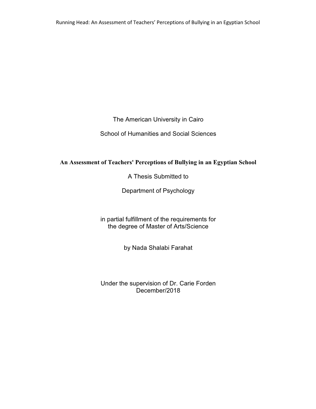 An Assessment of Teachers' Perceptions of Bullying in an Egyptian School