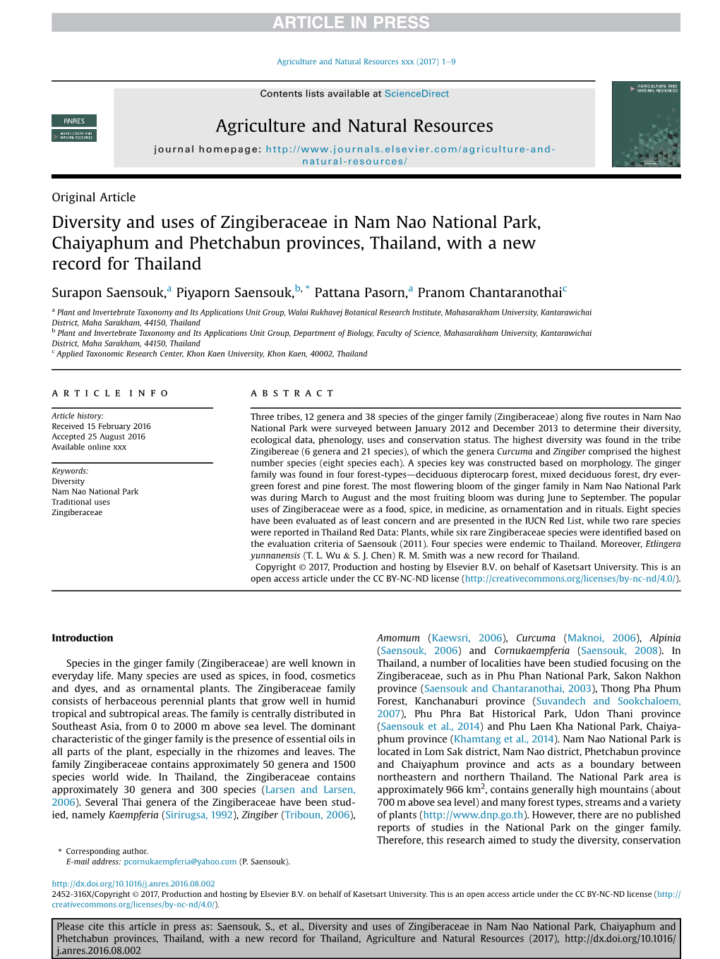Diversity and Uses of Zingiberaceae in Nam Nao National Park, Chaiyaphum and Phetchabun Provinces, Thailand, with a New Record for Thailand