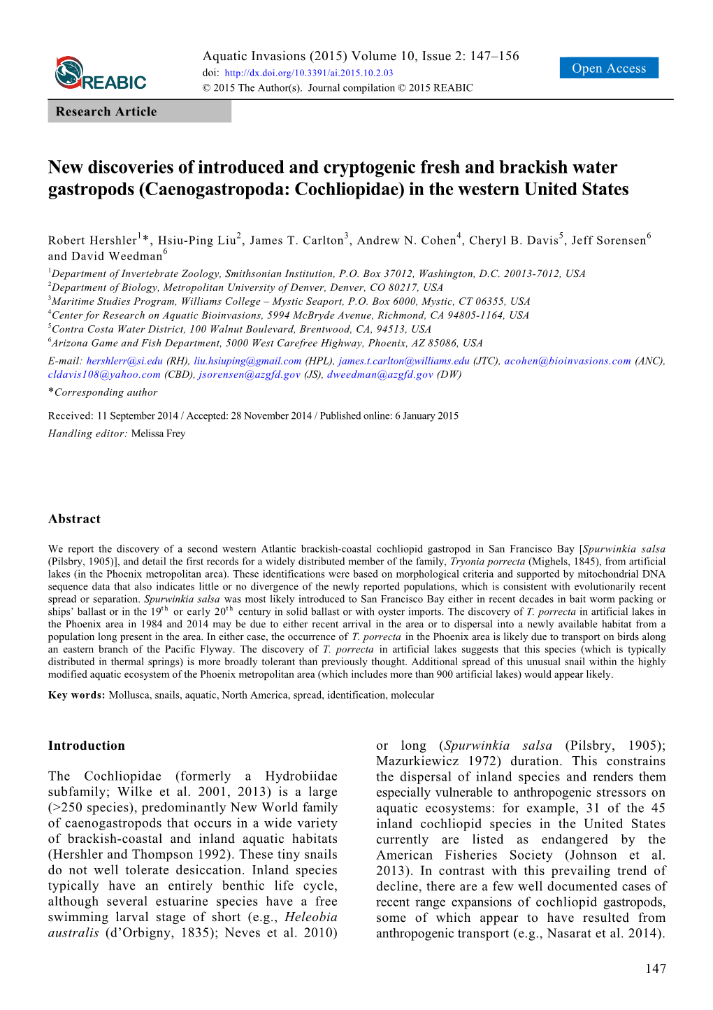 New Discoveries of Introduced and Cryptogenic Fresh and Brackish Water Gastropods (Caenogastropoda: Cochliopidae) in the Western United States