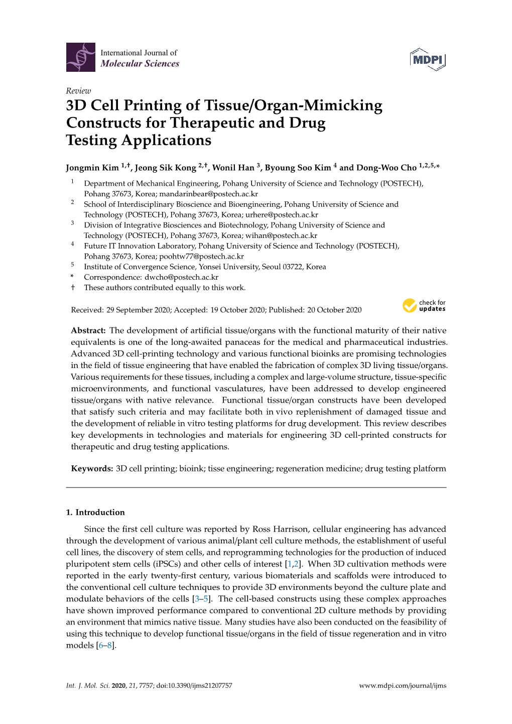 3D Cell Printing of Tissue/Organ-Mimicking Constructs for Therapeutic and Drug Testing Applications