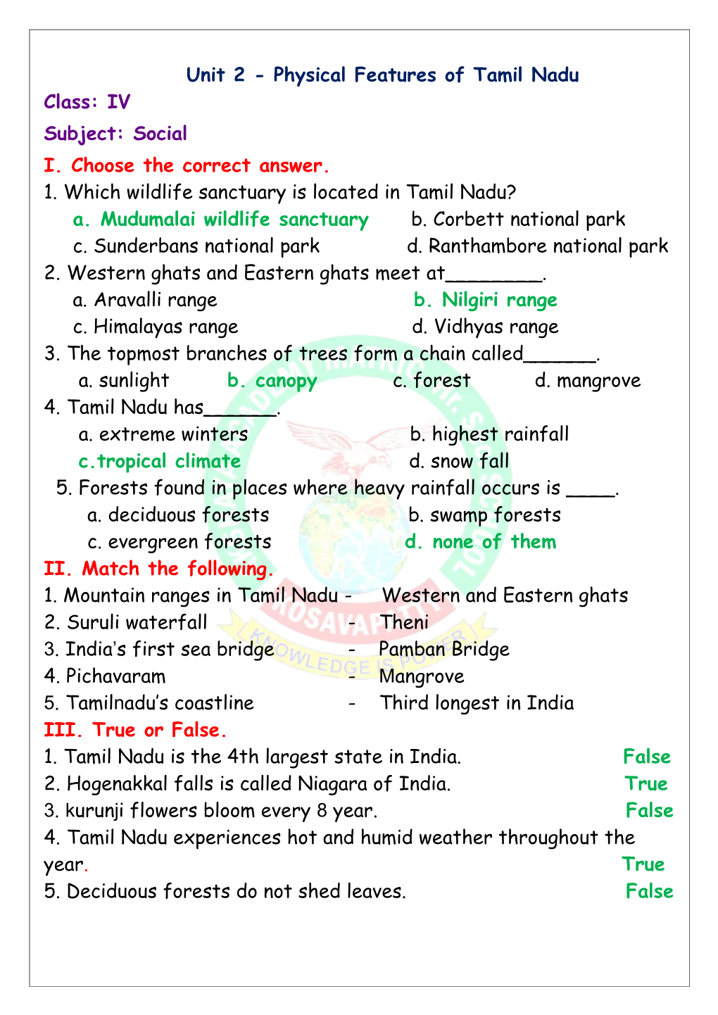 Unit 2 - Physical Features of Tamil Nadu Class: IV Subject: Social I