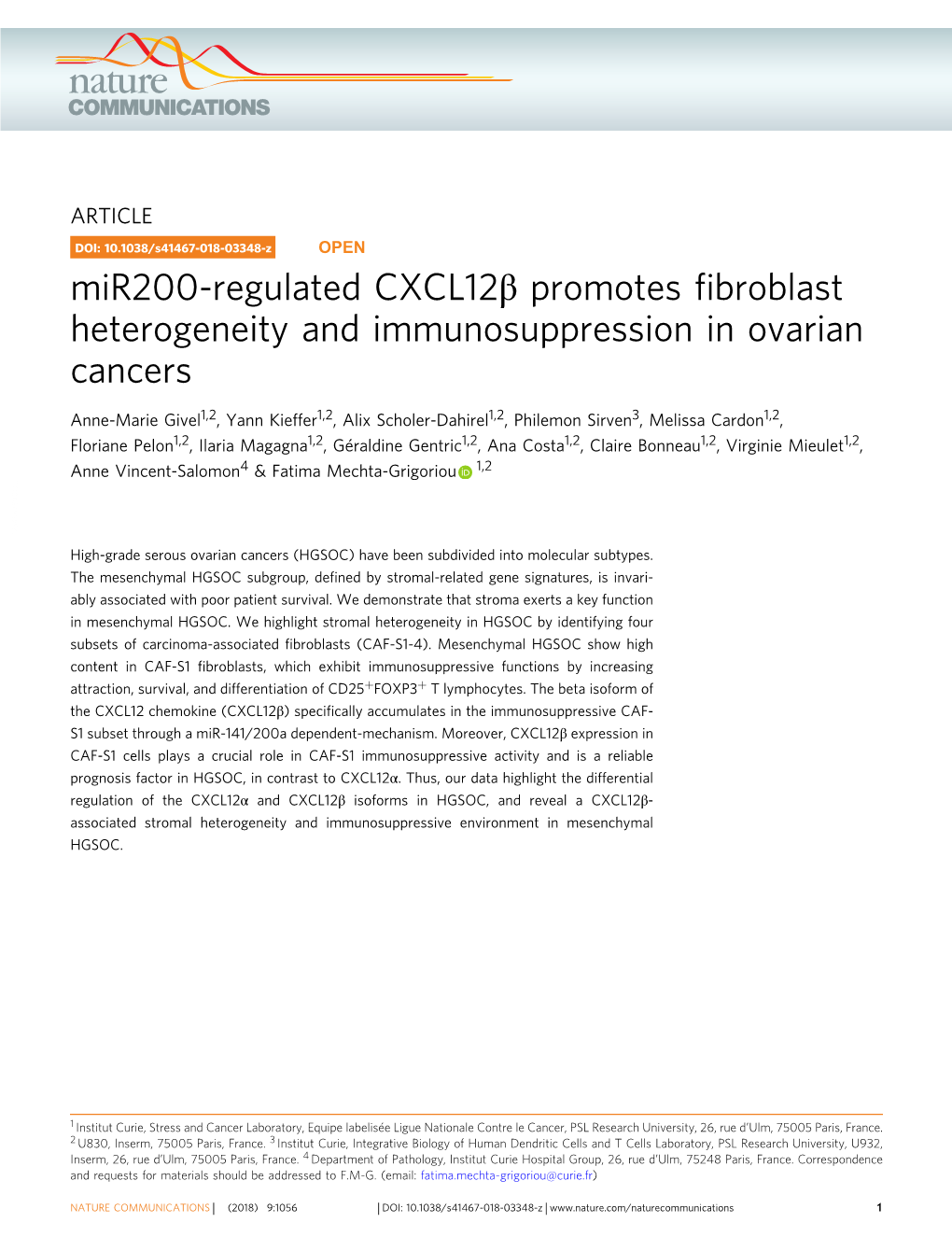 Mir200-Regulated CXCL12Î² Promotes Fibroblast Heterogeneity