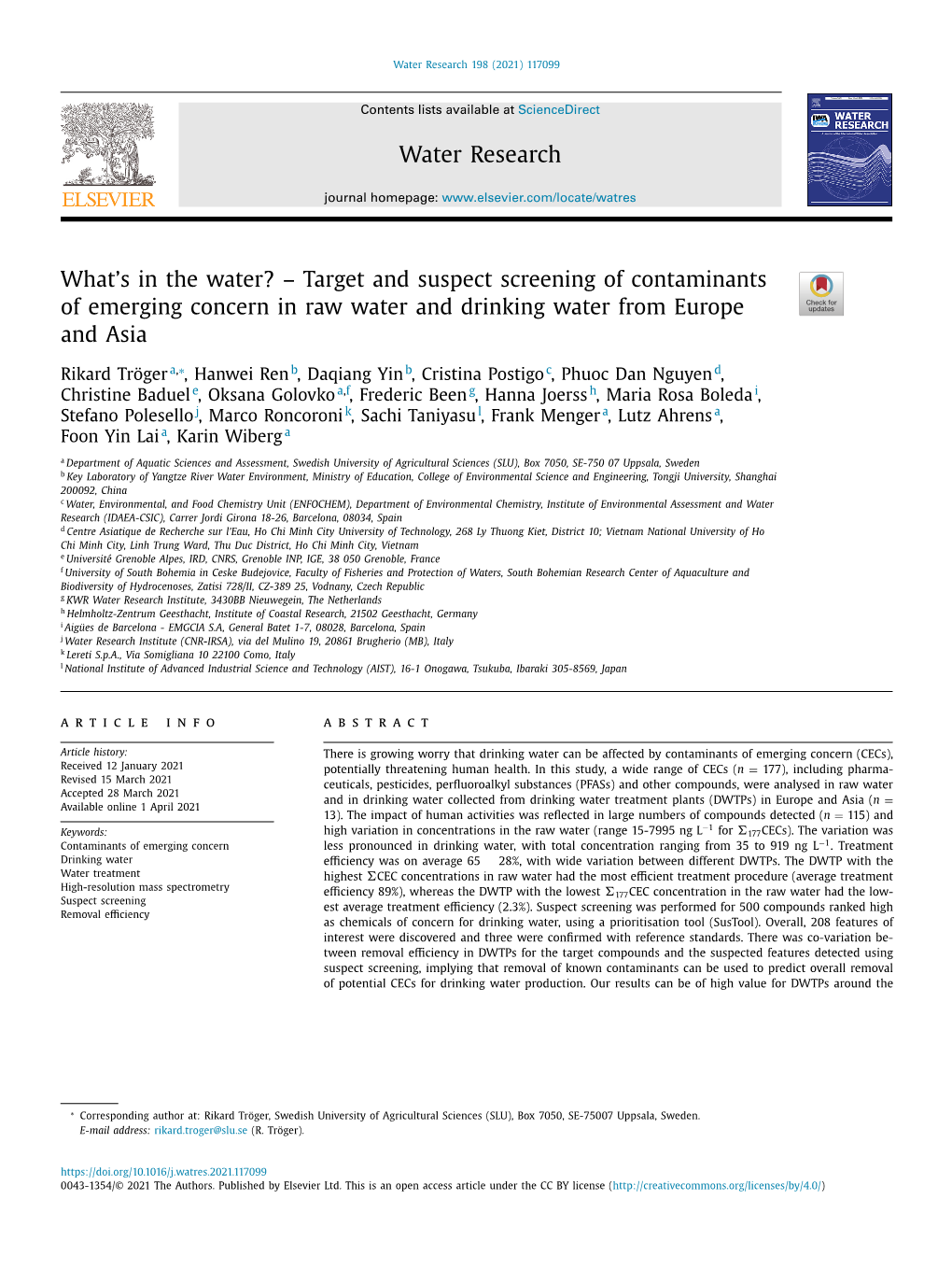 Target and Suspect Screening of Contaminants of Emerging Concern in Raw Water and Drinking Water from Europe and Asia