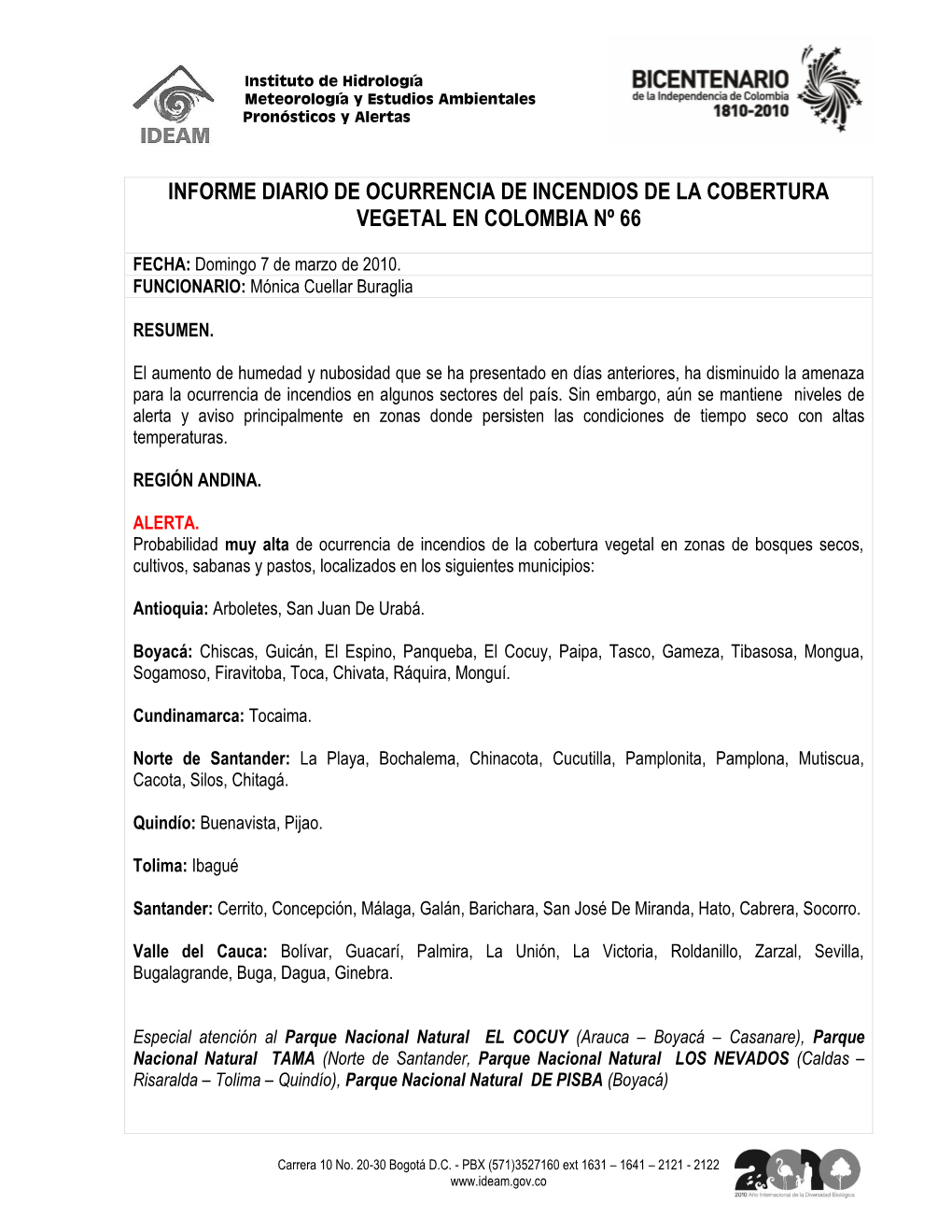 Informe Diario De Ocurrencia De Incendios De La Cobertura Vegetal En Colombia Nº 66