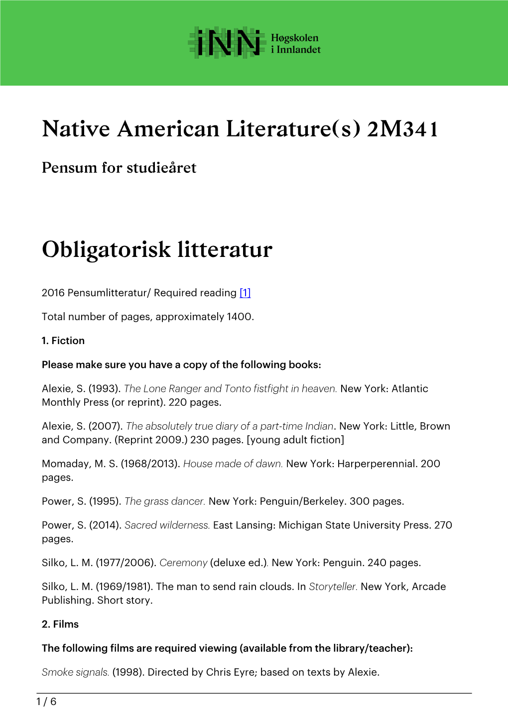 Native American Literature(S) 2M341 Obligatorisk Litteratur