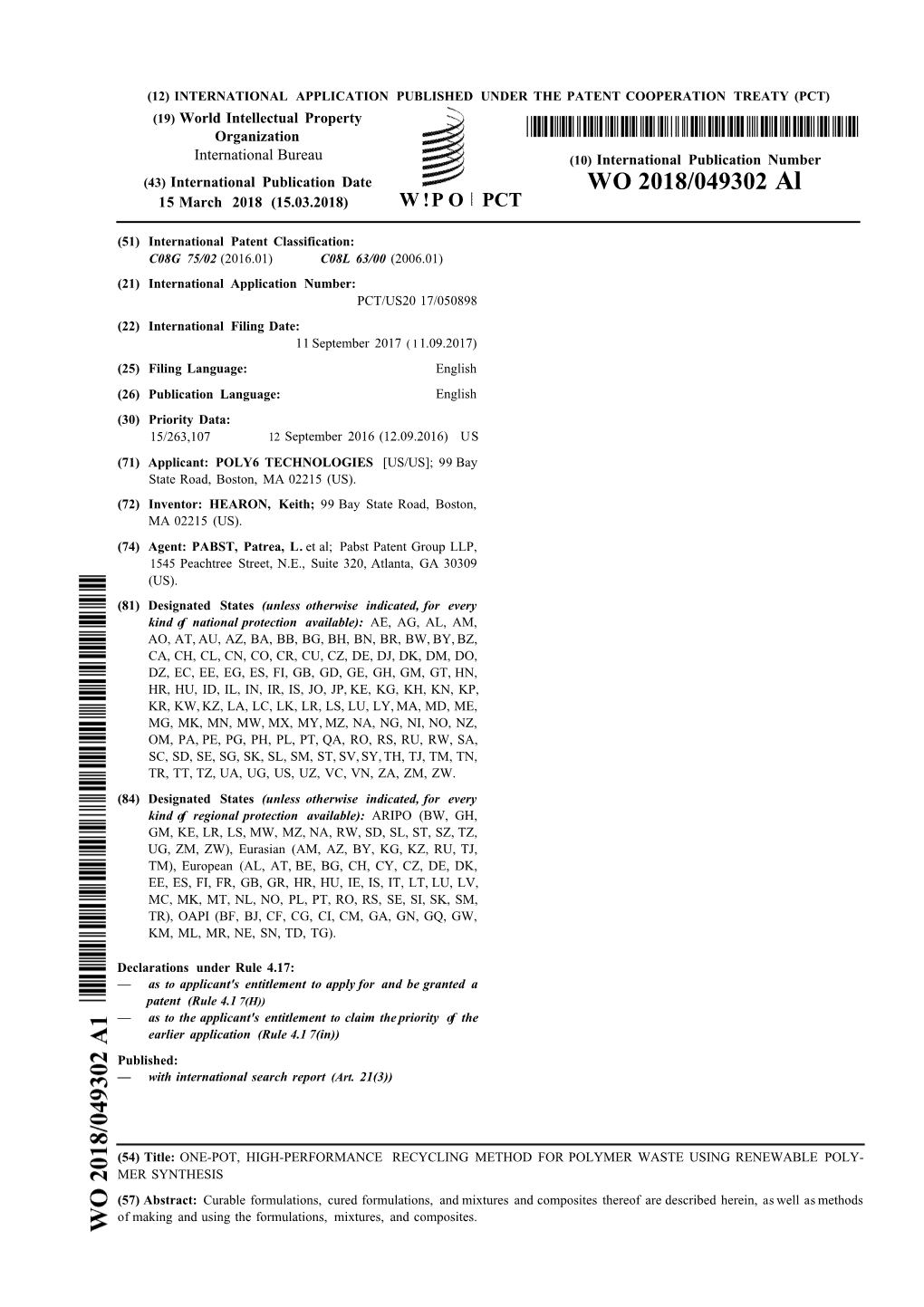 WO 2018/049302 Al 15 March 2018 (15.03.2018) W !P O PCT