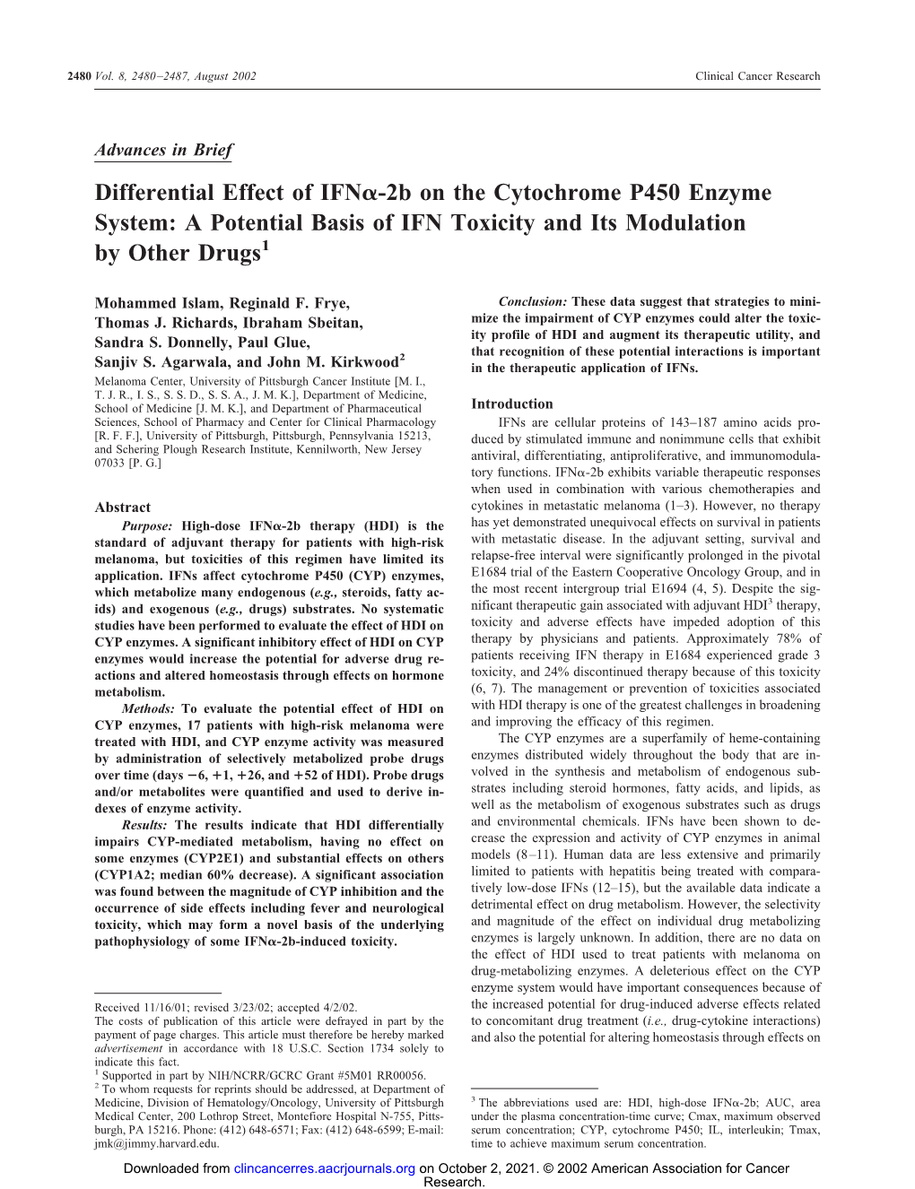 Differential Effect of IFN -2B on the Cytochrome P450 Enzyme System