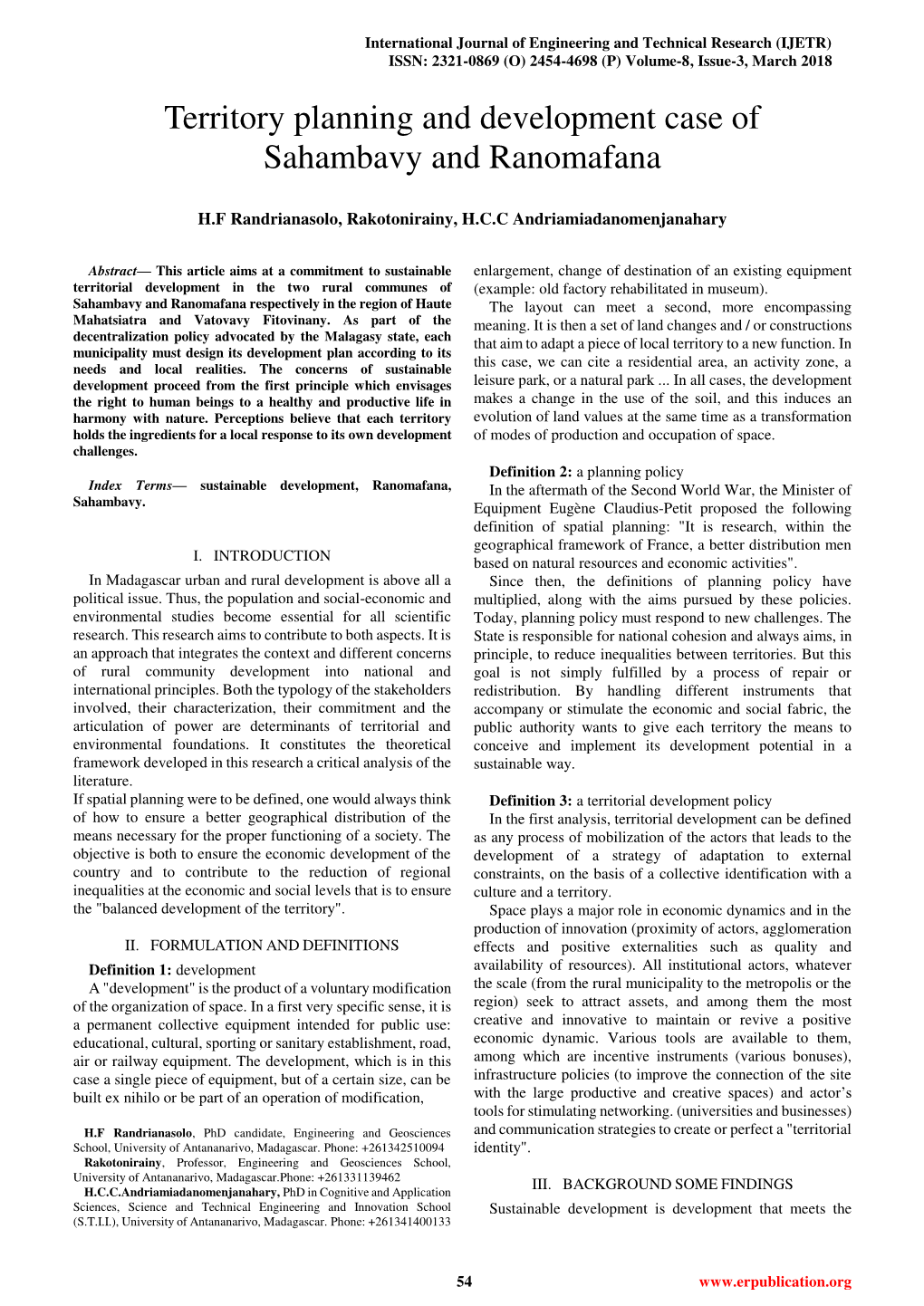 Territory Planning and Development Case of Sahambavy and Ranomafana