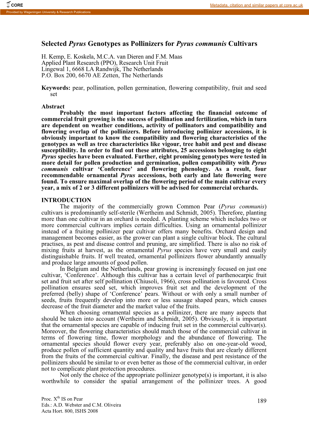 Selected Pyrus Genotypes As Pollinizers for Pyrus Communis Cultivars