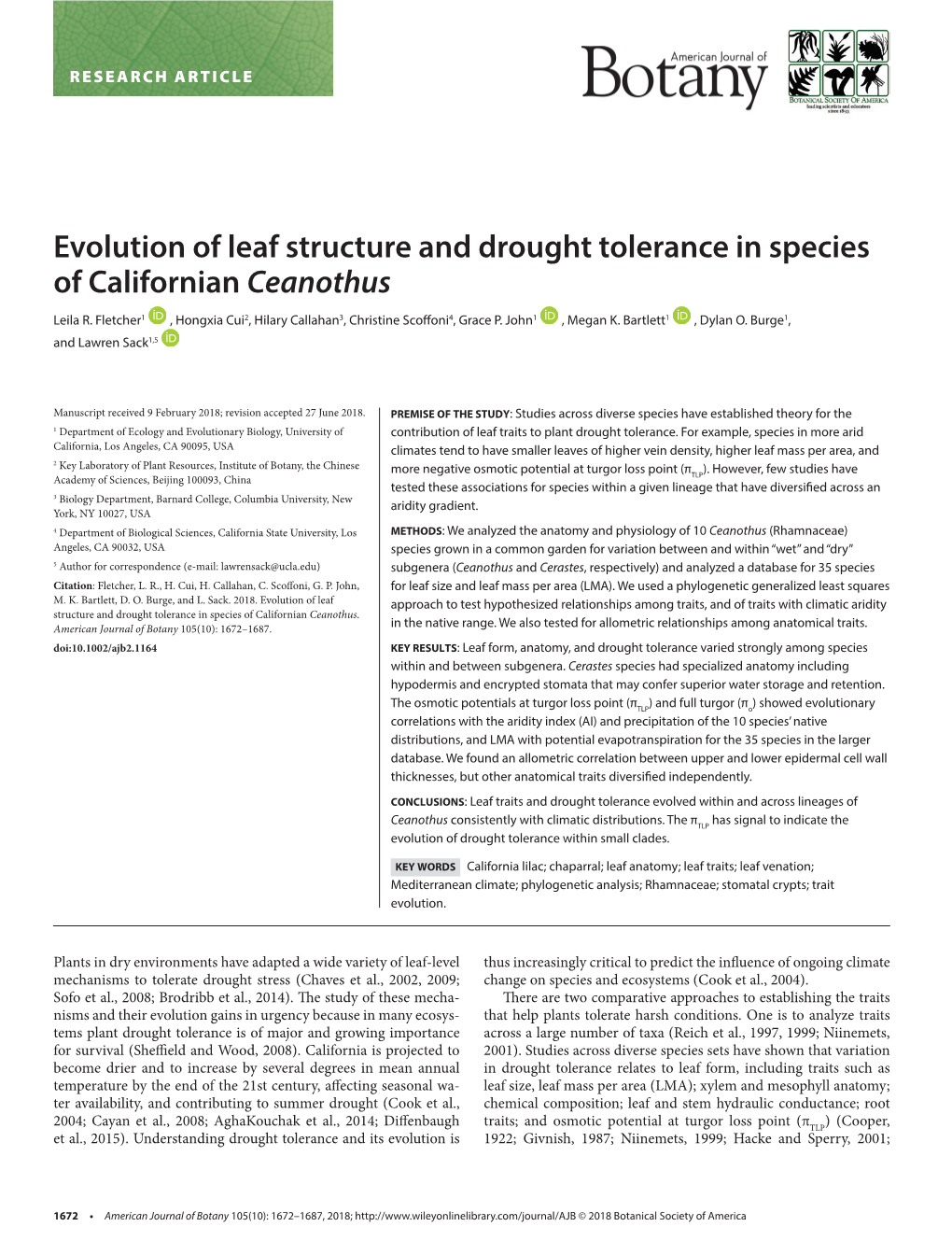 Evolution of Leaf Structure and Drought Tolerance in Species of Californian Ceanothus