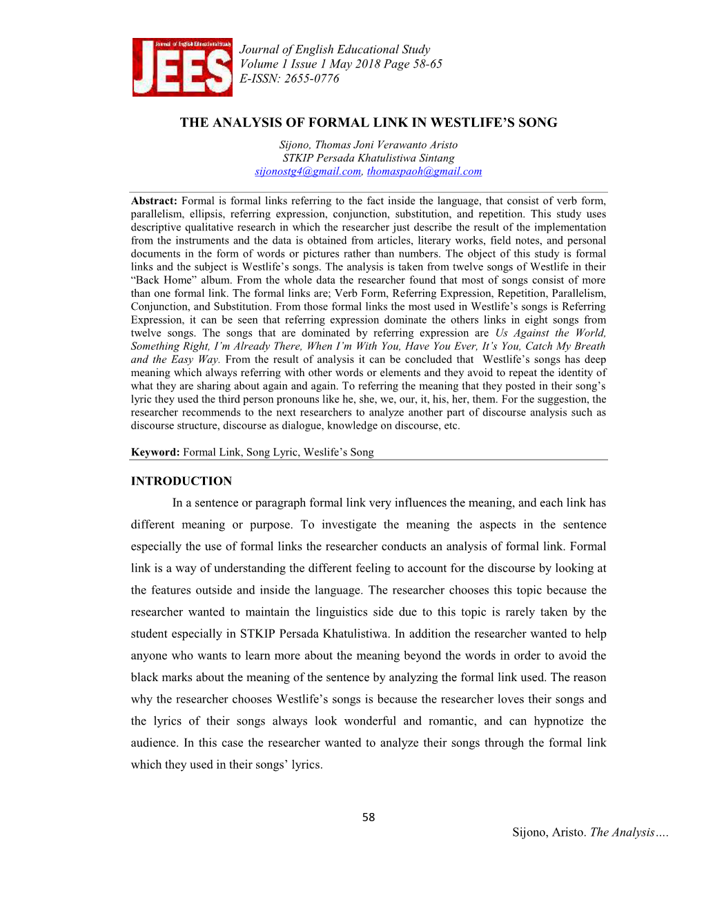 The Analysis of Formal Link in Westlife's Song