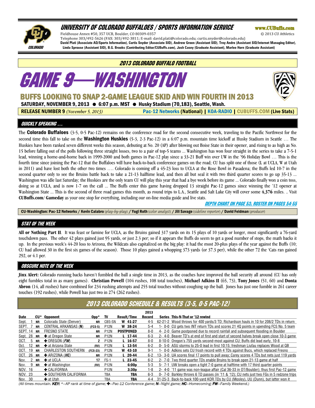 GAME 9—WASHINGTON BUFFS LOOKING to SNAP 2-GAME LEAGUE SKID and WIN FOURTH in 2013 SATURDAY, NOVEMBER 9, 2013 6:07 P.M
