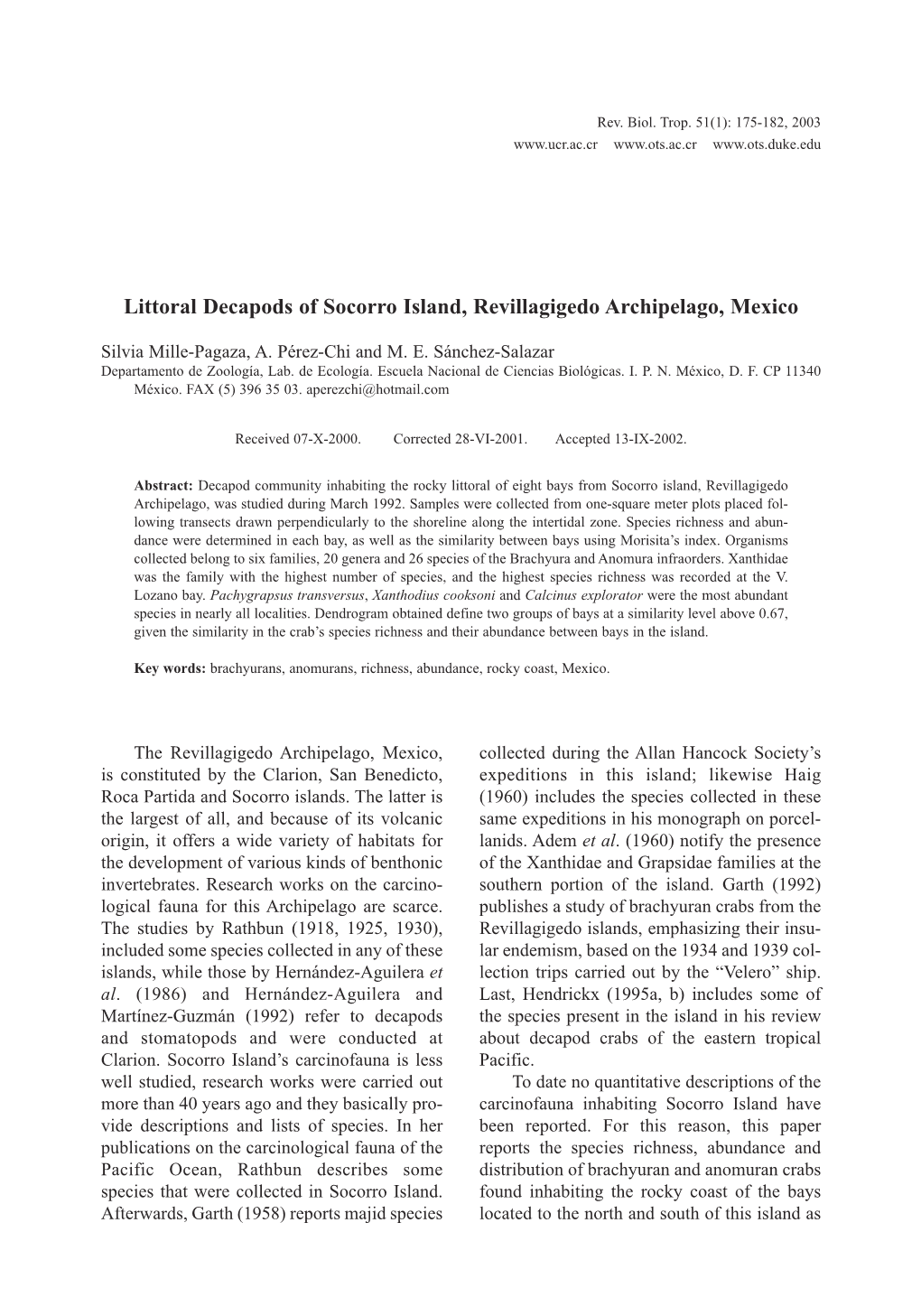 Littoral Decapods of Socorro Island, Revillagigedo Archipelago, Mexico