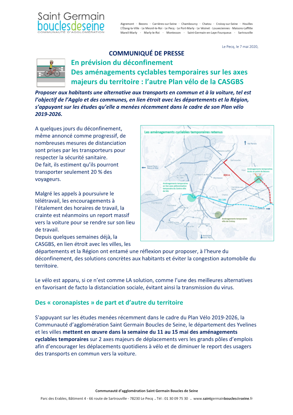 En Prévision Du Déconfinement Des Aménagements Cyclables Temporaires Sur Les Axes Majeurs Du Territoire : L’Autre Plan Vélo De La CASGBS