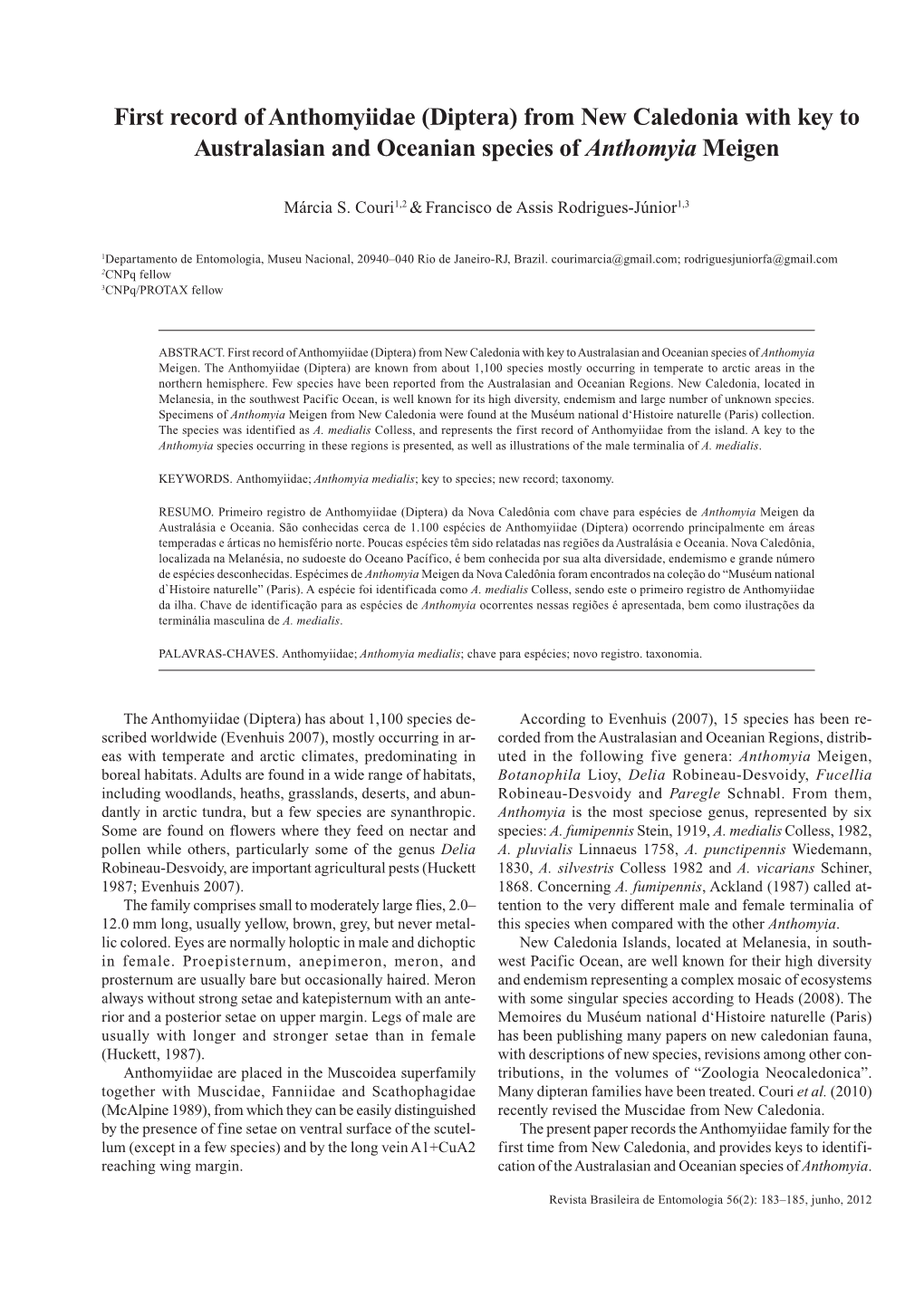 Diptera) from New Caledonia with Key to Australasian and Oceanian Species of Anthomyia Meigen