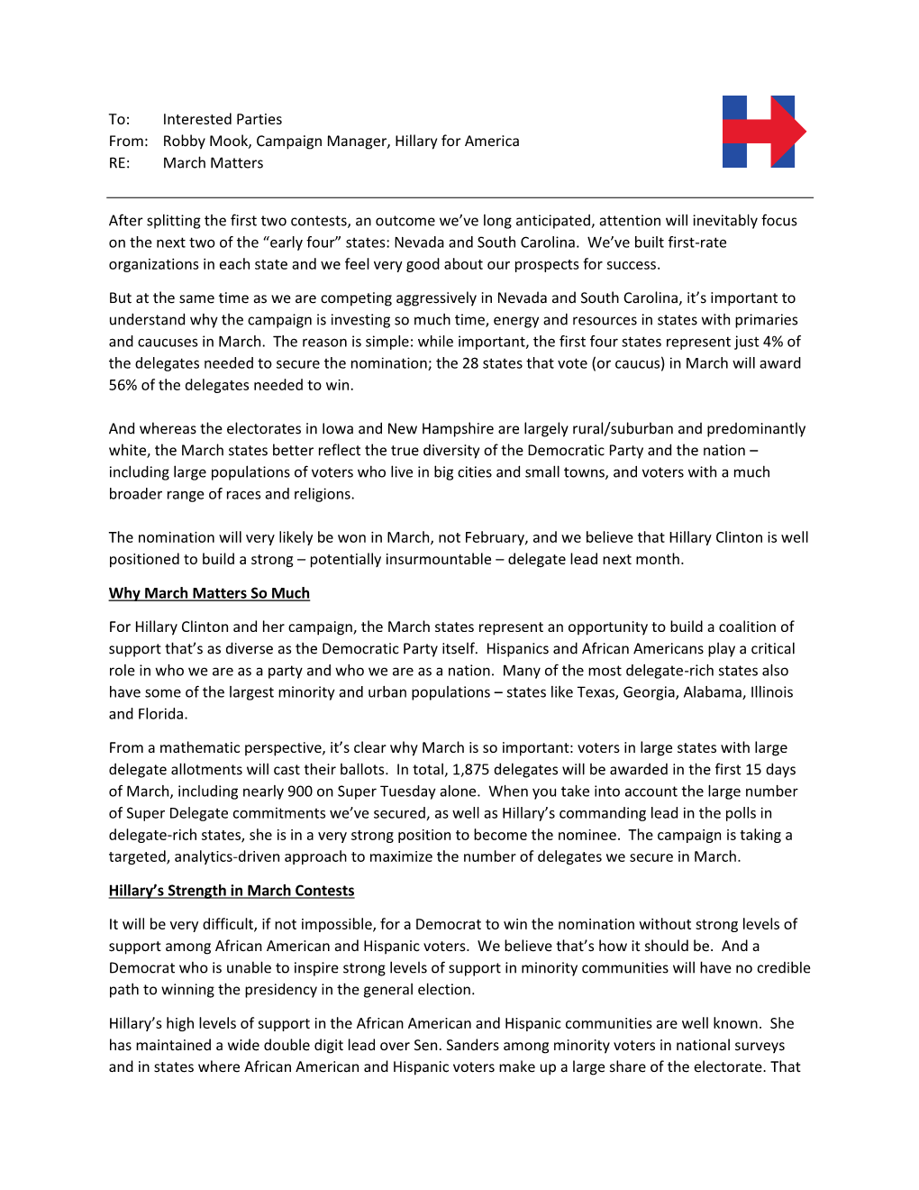 Robby Mook, Campaign Manager, Hillary for America RE: March Matters