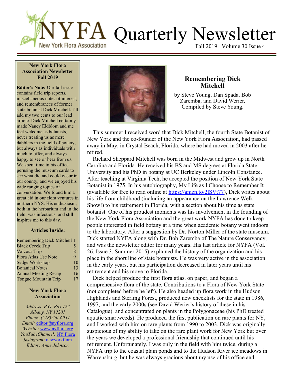 Quarterly Newsletter Fall 2019 Volume 30 Issue 4