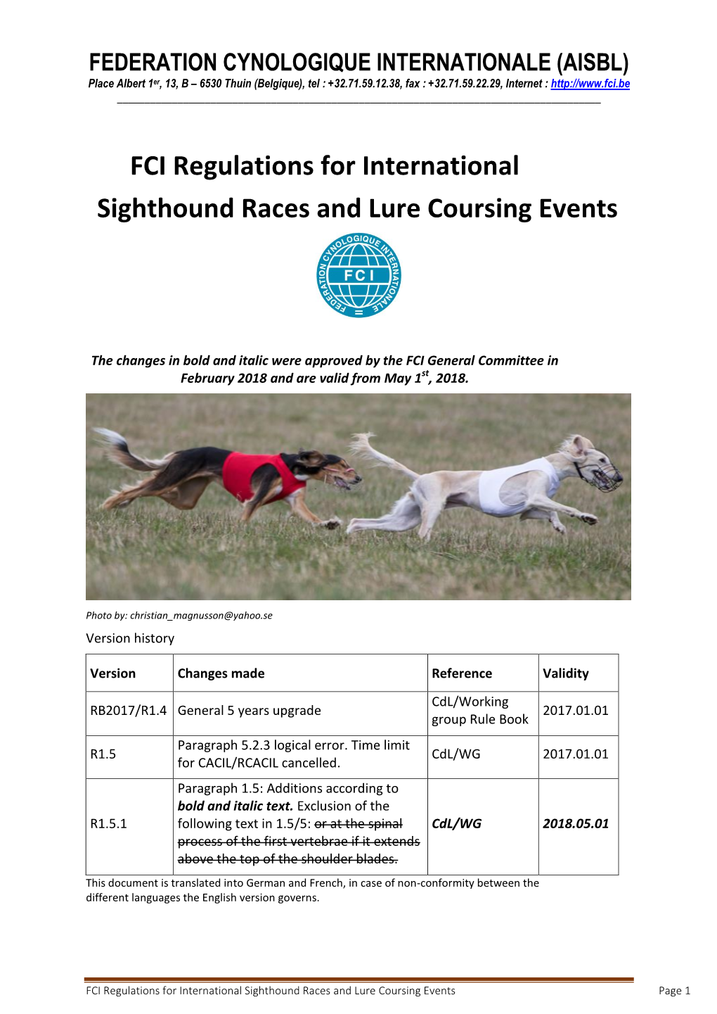 FCI Regulations for International Sighthound Races and Lure Coursing Events